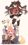  2girls animal_ears black_hair black_legwear blonde_hair blue_eyes bow fate/extra fate_(series) fox_ears fox_tail garter_straps hair_bow hair_ribbon japanese_clothes kimono long_hair multiple_girls pink_hair ribbon tail tamamo_(fate)_(all) tamamo_no_mae_(fate) thighhighs toosaka_rin toosaka_tokiomi tsumi_guilty two_side_up yellow_eyes 