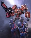  autobots blue_eyes gun highres ion_blaster mecha neon_trim optimus_prime reflection rifle transformers transformers_fall_of_cybertron weapon 