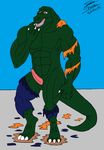  abs anthro balls biceps claws clothed clothing dinosaur erection fangs green_skin half-dressed male maxime-jeanne muscles nude open_mouth pecs penis pose reptile scales scalie sheath shorts solo standing theropod toe_claws tongue topless torn_clothing tyrannosaurus_rex yellow_eyes 