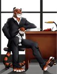  anthro arcticlion balls black_fur black_nose boss clothed clothing fangs feline fur green_eyes looking_at_viewer male mammal office orange_fur pawpads phone presenting sheath solo suggestive teeth tiger white_fur 
