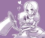  2girls avery_(skullgirls) bad_id bad_pixiv_id breast_smother breasts dress facial_mark forehead_mark gias-ex-machella hat heart hive_(skullgirls) long_hair mechanical_arms medium_breasts monochrome multiple_girls no_pupils peacock_(skullgirls) short_hair skullgirls spoken_heart top_hat 