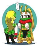  1boy 1girl armor bare_shoulders black_hair blonde_hair boots chibi detached_sleeves enchantress_(marvel) gloves green_eyes hat horns loki_(marvel) marvel pantyhose scarf skirt 