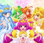  :d ;d ^_^ aoki_reika blonde_hair blush blush_stickers bow candy_(smile_precure!) choker closed_eyes cure_beauty cure_happy cure_march cure_peace cure_sunny double_bun dress earrings hair_flaps hair_tubes head_wings highres hino_akane_(smile_precure!) hoshizora_miyuki jewelry kise_yayoi kuon_(nokokopopo) magical_girl midorikawa_nao multiple_girls one_eye_closed open_mouth ponytail precure princess_form_(smile_precure!) ring royal_candy smile smile_precure! tiara tri_tails twintails ultra_cure_happy v white_choker wrist_cuffs yellow_bow 