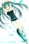  arms_up breasts d.gray-man green_eyes green_hair lenalee_lee long_hair maki_(lovyu) medium_breasts shoes short_shorts shorts single_shoe solo twintails very_long_hair 