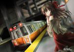  america artist_name bare_shoulders boston bow brown_eyes brown_hair freeze-ex ground_vehicle hair_bow hair_tubes hakurei_reimu long_hair looking_back solo standing subway tactile_paving touhou train train_station 