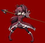  bad_id bad_pixiv_id bow food foreshortening grin hair_bow highres long_hair magical_girl mahou_shoujo_madoka_magica pocky polearm ponytail red_background red_eyes red_hair sakura_kyouko simple_background smile solo soul_gem spear thighhighs toshi_gahara weapon zettai_ryouiki 