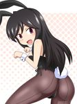  :d a_channel animal_ears ass back-seamed_legwear black_hair bunny_ears bunny_tail bunnysuit from_behind goriate halftone halftone_background leotard long_hair looking_back nishi_yuuko open_mouth pantyhose paw_pose purple_eyes seamed_legwear smile solo tail thong_leotard wrist_cuffs 
