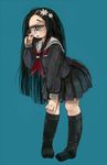  black_hair cyclops ebimomo eyelashes flower glasses green_eyes hair_flower hair_ornament hairclip heart heart-shaped_pupils highres leaning_forward long_hair no_shoes one-eyed original pigeon-toed pleated_skirt school_uniform serafuku skirt socks solo symbol-shaped_pupils you're_doing_it_wrong 