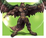  armor armpits avian biceps black_claws blue_eyes brown_feathers brown_fur canine claws clothed clothing feathers fur green_feathers half-dressed hybrid hyper male mammal muscles pecs pose solo standing talons toe_claws topless wings wolf wolfiecanem 