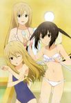  absurdres barefoot bathroom bikini blonde_hair breasts brown_eyes brown_hair chestnut_mouth cleavage collarbone covered_navel frilled_bikini frills grin highres long_hair medium_breasts minami-ke minami_chiaki minami_haruka minami_kana multiple_girls non-web_source nyantype official_art one-piece_swimsuit one_eye_closed school_swimsuit shower_head siblings sisters small_breasts smile swimsuit twintails very_long_hair water wet 