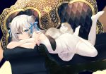  achiki bangs blue_eyes blue_ribbon blush cat commentary couch covered_mouth double_bun dress dutch_angle foot_up grey_hair hair_between_eyes hair_ribbon long_hair looking_at_viewer lying on_stomach original ribbon sidelocks sleeveless sleeveless_dress thighhighs white_dress white_legwear 