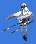  back bad_id bad_pixiv_id blue_background blue_eyes blue_hair cape dual_wielding gloves hair_ornament hairclip highres holding magical_girl mahou_shoujo_madoka_magica mahou_shoujo_madoka_magica_movie miki_sayaka short_hair simple_background solo sword thighhighs toshi_gahara weapon zettai_ryouiki 