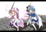  armband blonde_hair blue_eyes blue_hair boots bow cape dress gloves hair_bow kamen_rider kamen_rider_blade_(series) kamen_rider_dcd kaname_madoka letterboxed long_hair magical_girl mahou_shoujo_madoka_magica miki_sayaka multiple_girls open_mouth parody pink_footwear pink_hair short_hair spoilers sword thighhighs u_u_(mooooooou) ultimate_madoka weapon wings zettai_ryouiki 