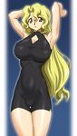  armpits arms_up bare_shoulders blonde_hair breasts cameltoe china_dress chinese_clothes dress graf_zeppelin highres huge_breasts long_hair looking_at_viewer michelle_cheung r.o.d_the_tv read_or_die simple_background solo standing ta152_(graf_zeppelin) yellow_eyes 