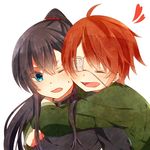  blue_eyes closed_eyes d.gray-man eyepatch heart hug hug_from_behind kanda_yuu lavi long_hair maki_(lovyu) multiple_boys open_mouth orange_hair simple_background smile white_background 