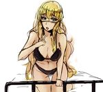  bed_frame black_bra black_panties blonde_hair blue_eyes bra breasts cleavage drawfag frilled_bra frills kneeling large_breasts lingerie long_hair macross macross_frontier panties saliva saliva_trail sheryl_nome sketch solo underwear underwear_only 