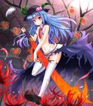  blue_hair chinese_lantern_(plant) detached_collar flower food fruit hat hinanawi_tenshi long_hair mary_janes necktie peach red_eyes shoes skirt solo spider_lily sumapan sword_of_hisou thighhighs topless torn_clothes touhou white_legwear 