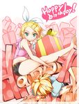  1girl bad_id bad_pixiv_id barefoot blonde_hair brother_and_sister crushed gift green_eyes grin hair_ornament hair_ribbon hairclip happy_birthday highres hood hoodie kagamine_len kagamine_rin looking_at_viewer midriff nac000 ribbon short_hair shorts siblings smile sweatdrop tank_top twins vocaloid 