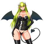  bat_wings breasts cleavage collar demon_girl green_eyes green_hair horns large_breasts long_hair nokoppa original pointy_ears solo succubus thighhighs wings 