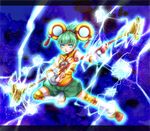  blue_eyes chinese_clothes detached_sleeves dragon_kid electricity glowing glowing_eyes green_hair hat shiratama_(mofutto) short_hair short_ponytail shorts solo staff superhero thighhighs tiger_&amp;_bunny 