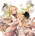  bare_shoulders blonde_hair breasts broken_glass character_request collar cover cover_page dress gisin_jeongi_dawnbringer glass hair_over_one_eye hug kkuem large_breasts leaf long_hair looking_at_viewer medium_breasts multiple_girls official_art parted_lips red_eyes smile thighhighs watermark web_address white_dress white_legwear 