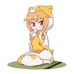  amatsuka_mao animal_costume barefoot blush eating food gishi gj-bu hair_flaps hamster_costume long_hair long_sleeves looking_at_viewer orange_hair red_eyes sitting solo wariza white_background 