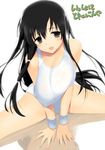  armband bare_shoulders black_hair breast_squeeze breasts brown_eyes cleavage covered_nipples hima huge_breasts issho_ni_training iwato_kasumi leotard long_hair looking_at_viewer open_mouth parody reflective_floor saki smile solo spread_legs sweat very_long_hair white_background 