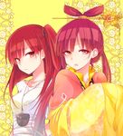  bad_id bad_pixiv_id chinese_clothes hair_ornament hair_stick long_hair magi_the_labyrinth_of_magic morgiana multiple_girls ocha_(hutuumikan) one_side_up pink_eyes pink_hair red_eyes red_hair ren_kougyoku twintails yellow_background 