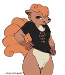  2019 anthro bottomless canine clothed clothing digital_media_(artwork) fangs female fur licking licking_lips looking_at_viewer mammal nintendo pok&eacute;mon pok&eacute;mon_(species) pussy rainbowsprinklesart shirt simple_background smile solo t-shirt text tongue tongue_out video_games vulpix white_background 