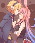  1boy 1girl animal_ears arm blonde_hair blue_hair blush breasts bunny_ears bunny_tail chin_grab couple embarrassed eyes_closed headphones heart height_difference kurousagi_(mondaiji) kurousagi_(mondaiji-tachi_ga_isekai_kara_kuru_sou_desu_yo?) large_breasts long_hair looking_at_another mondaiji-tachi_ga_isekai_kara_kuru_sou_desu_yo? multicolored_hair open_mouth pink_hair red_eyes sakamaki_izayoi school_uniform short_hair shy sleeveless smile surprised sweat sweatdrop tail teeth two-tone_hair wristband yetworldview_kaze 