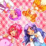  aida_mana argyle argyle_background blue_eyes blue_hair bow circle_formation dokidoki!_precure double_bun eyelashes flipped_hair hair_bow half_updo heart heart_hands hishikawa_rikka kenzaki_makoto kuzumochi long_hair multiple_girls necktie one_eye_closed orange_eyes orange_hair pink_background pink_eyes pink_hair precure purple_eyes purple_hair shirt short_hair short_twintails smile twintails vest yotsuba_alice 