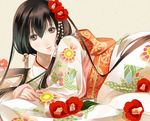  bangs bell black_hair blue_eyes camellia floral_print flower fuuchouin_kazuki genjiguruma getbackers hair_bell hair_flower hair_ornament highres hirai_chika japanese_clothes jingle_bell kimono long_hair low_twintails male_focus md5_mismatch otoko_no_ko pearl smile twintails 