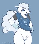  2019 alolan_vulpix anthro bedroom_eyes blue_background bottomless canine clothed clothing digital_media_(artwork) fangs female fluffy fluffy_tail front_view fur half-closed_eyes licking licking_lips looking_at_viewer mammal nintendo pok&eacute;mon pok&eacute;mon_(species) portrait pussy rainbowsprinklesart regional_variant seductive shirt simple_background smile solo t-shirt text three-quarter_portrait tongue tongue_out video_games white_fur white_tail 