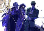  2boys assassin_(fate/stay_night) black_hair blue_eyes blue_hair caster dress fate/stay_night fate_(series) formal glasses japanese_clothes kon_manatsu kuzuki_souichirou long_hair monohoshizao multiple_boys necktie ponytail purple_hair staff suit sword weapon 