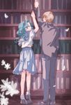  aqua_hair bishoujo_senshi_sailor_moon blonde_hair bookshelf formal hairband helping kaiou_michiru kinako_(kota6) multiple_girls pant_suit pleated_skirt reverse_trap school_uniform serafuku short_hair skirt suit ten'ou_haruka very_short_hair 