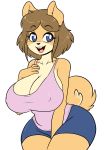  2019 absurd_res alpha_channel anthro big_breasts blue_eyes breasts brown_hair canine cleavage clothed clothing digital_media_(artwork) dog female hair hi_res june_(jinu) mammal nipple_bulge open_mouth open_smile shiba_inu short_hair simple_background skidd smile solo teeth tooth_gap transparent_background wide_hips 