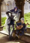  arch armor berserker_(fate/zero) bird cape column fate/zero fate_(series) fatlulu_(1008) gauntlets highres instrument knight lancelot_(fate/zero) long_hair lute_(instrument) matou_kariya medieval multiple_boys pavement pillar purple_eyes purple_hair tunic white_hair 