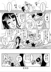  2boys bikini black_hair brook comic franky goggles greyscale innertube monochrome multiple_boys nico_robin nika_(nikasa_an) one_piece swimsuit translation_request water wet 