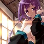  bare_shoulders breasts cleavage gj-bu highres large_breasts long_hair long_sleeves looking_at_viewer nomal purple_eyes purple_hair school_uniform smile solo sumeragi_shion very_long_hair 