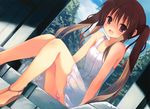  absurdres brown_eyes brown_hair copyright_request dress happy highres legs long_hair open_mouth panties sandals sitting smile solo striped striped_panties sundress torishimo twintails underwear 