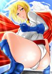  ass belt blonde_hair blue_eyes blue_footwear blue_gloves boots breasts cape cleavage_cutout cloud day dc_comics gloves highres huge_ass huge_breasts leotard looking_back nekomata_yotsuba parted_lips power_girl shiny shiny_skin short_hair sky solo squatting sunlight thick_thighs thighs wide_hips 