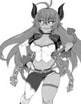  antenna_hair asmodeus_(shinrabanshou) black_sclera breasts chain choker cleavage corset dark_skin demon_girl fangs greyscale hand_on_hip holding_own_tail horns large_breasts long_hair mismatched_legwear monochrome open_mouth pointy_ears shinrabanshou single_thighhigh slit_pupils solo succubus tail thigh_strap thighhighs tsukudani_(coke-buta) 