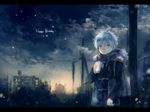  bad_id bad_pixiv_id bag blue_eyes blue_hair city city_lights cloud dated drink happy_birthday highres jacket kuroko_no_basuke kuroko_tetsuya letterboxed looking_at_viewer male_focus milkshake necktie night night_sky onineko scarf sky smoke solo standing star_(sky) winter_clothes 