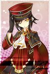  alternate_hair_color alternate_hair_length alternate_hairstyle bad_id bad_pixiv_id black_hair cape capelet cosplay cravat edan_(elsword) edan_(elsword)_(cosplay) elsword eve_(elsword) expressionless gloves hat military military_uniform one_eye_closed pink_background red_cape short_hair skirt solo uniform vilor yellow_eyes 