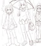  akemi_homura greyscale kaname_madoka long_hair mahou_shoujo_madoka_magica miki_sayaka monochrome multiple_girls rain raincoat school_uniform simple_background sketch skirt smile tamute_(2580rs) thighhighs umbrella wet white_background 