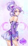  adapted_costume arm_warmers bad_id bad_pixiv_id bare_shoulders bow breasts character_name choker covered_nipples cure_sword dokidoki!_precure earrings hair_ornament hairclip jewelry kenzaki_makoto looking_back magical_girl ponytail precure purple purple_choker purple_eyes purple_hair purple_skirt ribbon rin_(rinco2) short_hair skirt small_breasts solo spade_(shape) 