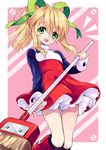  :d blonde_hair boots bow broom dress green_eyes hair_bow hair_ribbon knee_boots long_hair long_sleeves looking_at_viewer open_mouth petticoat ponytail red_skirt ribbon rockman rockman_(classic) roll skirt smile solo standing thigh_gap thighs turtleneck yukiwo 