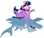  blue_skin cutie_mark duo equine female feral fish friendship_is_magic fur hair horn horse looking_at_viewer mammal marine multi-colored_hair my_little_pony pink_hair pony purple_eyes purple_fur purple_hair red_eyes shark sharp_teeth teeth tiara twilight_sparkle_(mlp) two_tone_hair unknown_artist visual_pun winged_unicorn wings zutheskunk 