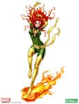  arms_up belt bird blush bodysuit boots costume elbow_gloves fire flying full_body gloves green_eyes highres jean_grey latex lipstick long_hair makeup marvel phoenix phoenix_(x-men) red_hair shiny shiny_clothes simple_background skin_tight smile solo thigh_boots thighhighs watermark wavy_hair x-men yamashita_shun&#039;ya yamashita_shun'ya yellow_legwear 