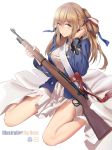  1girl absurdres adjusting_hair american_flag american_flag_print bangs blazer blue_eyes blush bolt_action breasts brown_hair closed_mouth dress eyebrows_visible_through_hair flag_print girls_frontline gun hair_between_eyes hair_ribbon hair_rings henz_(86551650) highres holding holding_gun holding_weapon jacket large_breasts long_hair looking_at_viewer m1903_springfield m1903_springfield_(girls_frontline) ribbon rifle shirt sidelocks simple_background sitting smile solo torn_clothes twintails wariza weapon white_background white_dress 